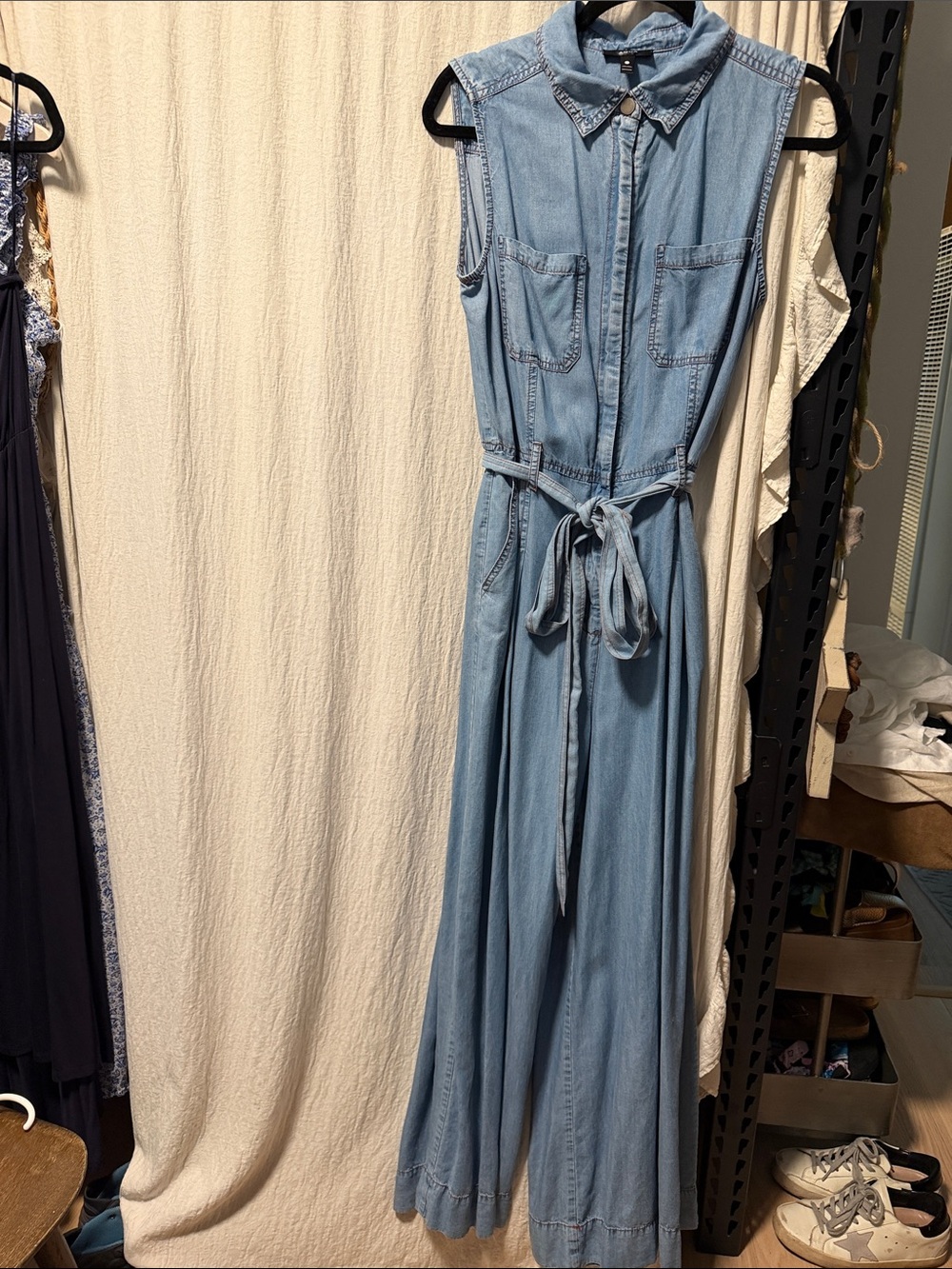 Aqua Light Blue Sleeveless Denim Jumpsuit with Tie Waist